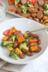 Sheet Pan Chicken Sausage and Vegetables with Maple Thyme Dressing