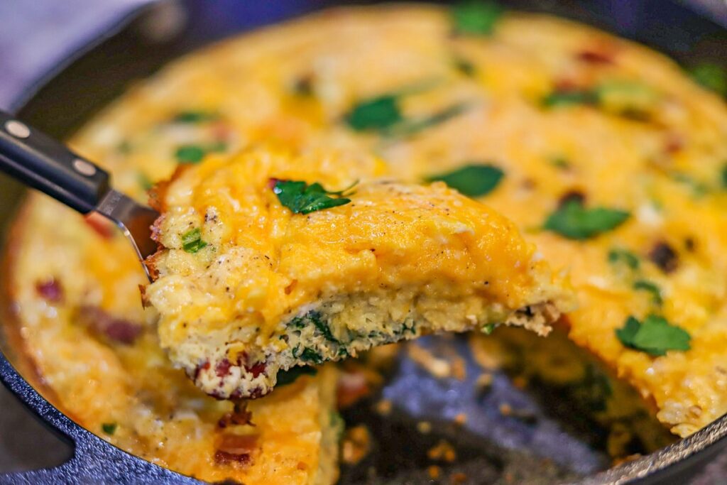 Keto frittata with bacon, sausage, and cheddar cheese