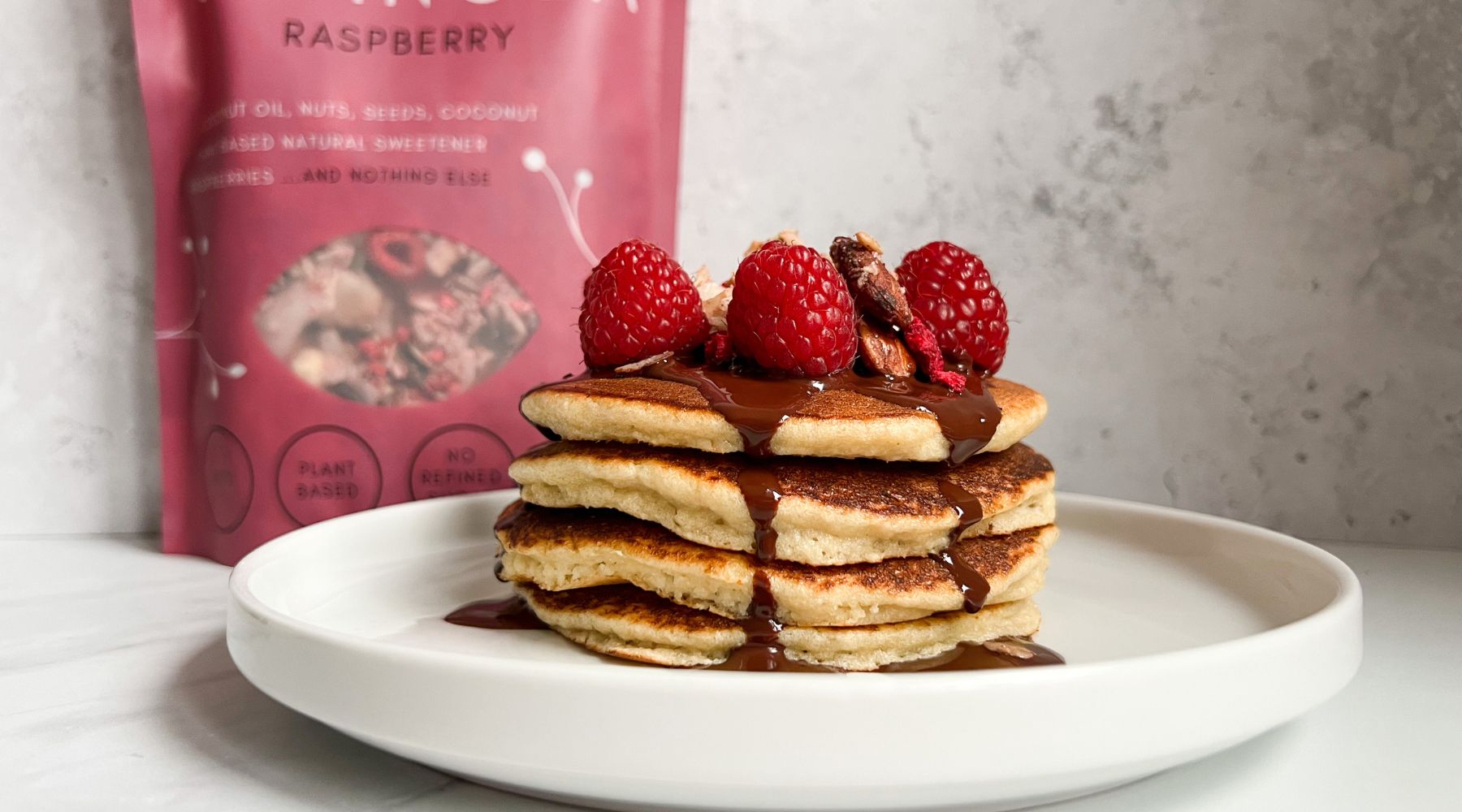 Raspberry and dark chocolate keto pancakes