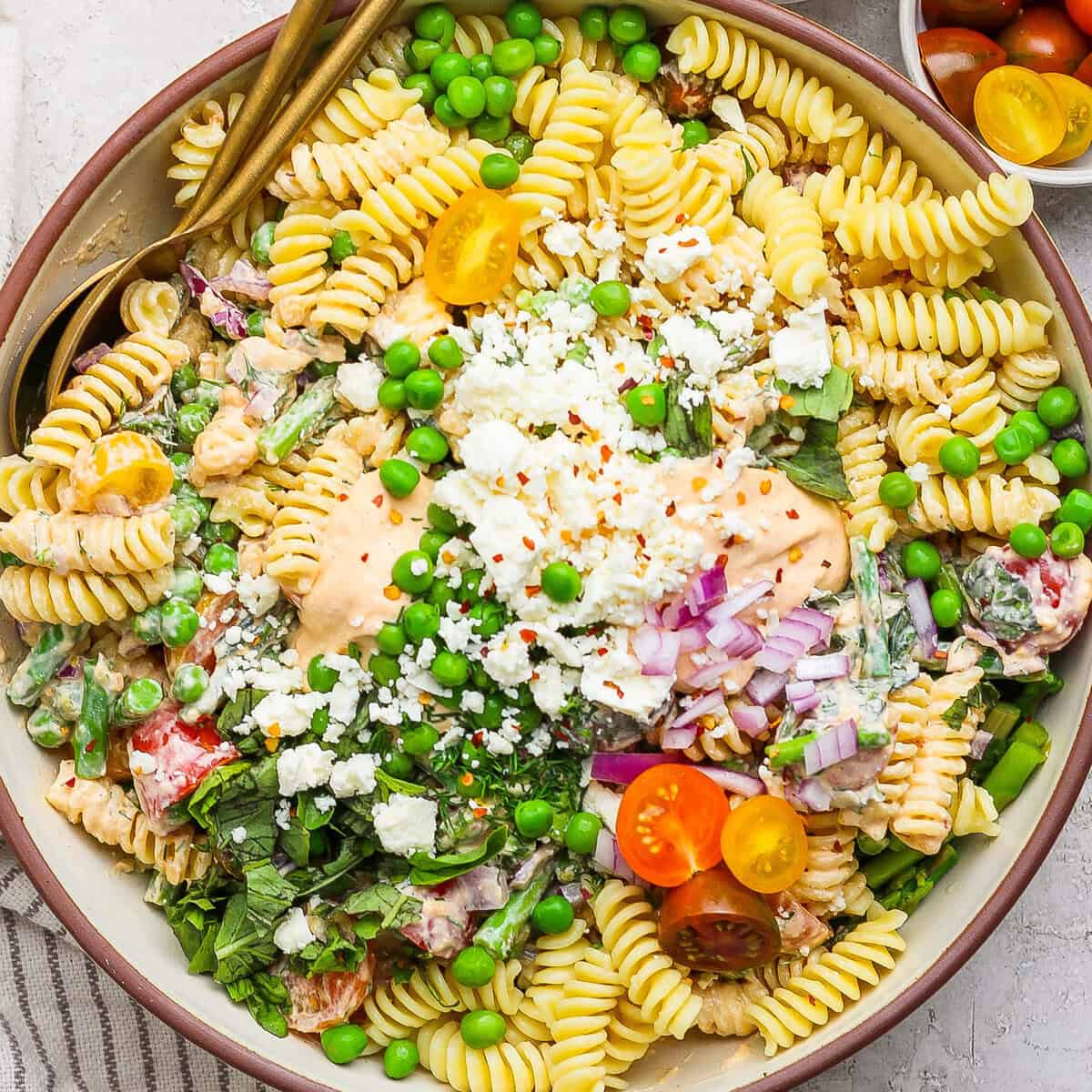 Cottage cheese roast red pepper pasta salad