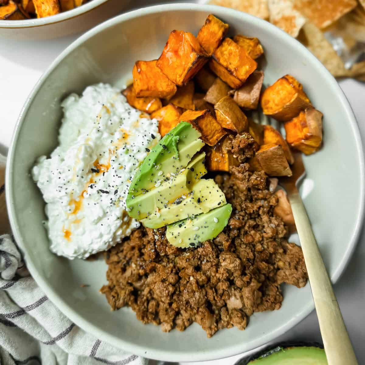Viral Sweet Potato Honey Ground Ground Beef Bowl and Cottage Cheese