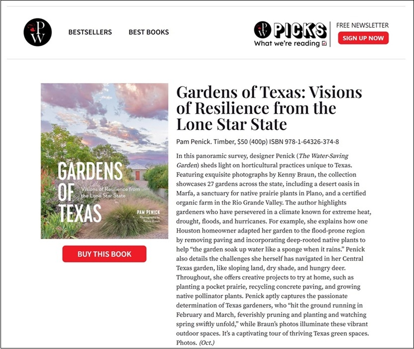 Publisher Weekly chooses gardens in Texas