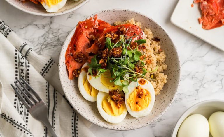 High protein smoked salmon quinoa bowl