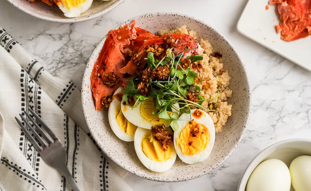 High protein smoked salmon quinoa bowl