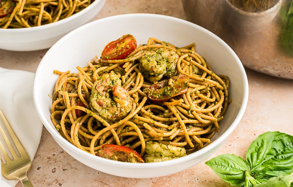 Shrimp Pesto Pasta with Tomatoes (Easy 15 Minute Dinner)